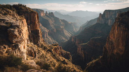 Sunlit canyon cliffs with dramatic shadows create breathtaking landscape view