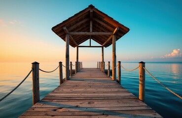 Obraz premium A wooden pier extends into calm water with a small shelter at the end during sunset