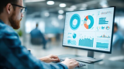 Data scientist using advanced forecasting tools with predictive algorithms displayed vividly on a monitor with a softly blurred background setting.