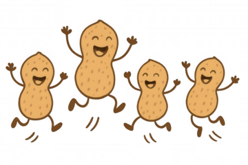Happy cartoon peanuts dancing and jumping, expressing joy and celebration, conceptualizing unity and fun