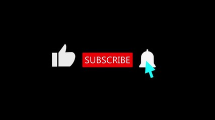 Animated subscribe button with cursor click and notification bell icon on dark background. Perfect for YouTube intros, social media videos, vlogs, and channel promotion. Ideal motion graphic element 