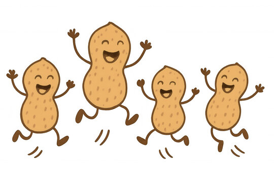 Happy cartoon peanuts dancing and jumping, expressing joy and celebration, conceptualizing unity and fun