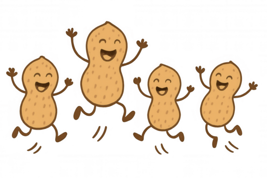 Happy cartoon peanuts dancing and jumping, expressing joy and celebration, conceptualizing unity and fun