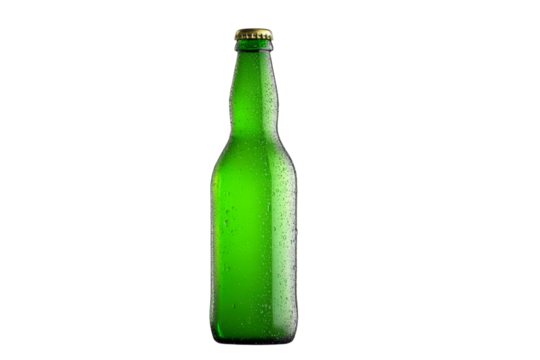 A green bottle of beer with a label on it