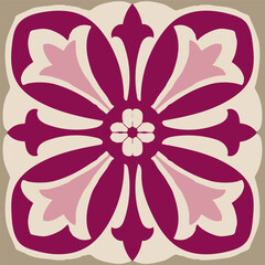 Vintage Floral Geometric Tile in Burgundy and Pink