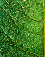 Close up of green leaf showing intricate vein patterns and texture, creating natural and minimalistic background