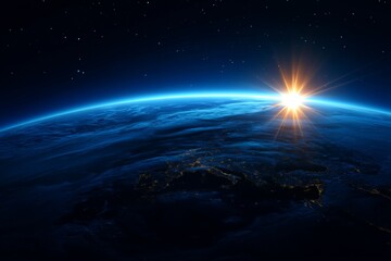 Obraz premium Breathtaking sunrise over earth from space with vibrant horizon and starry sky