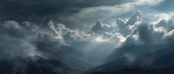 Dramatic clouds over mountain valley with cinematic sky create breathtaking scene