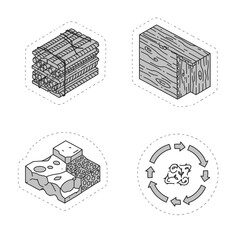 Isometric icons depict materials: stacked wood, timber block, aggregate, and recycling symbol, promoting sustainable resource use.