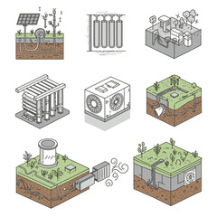 Detailed isometric line art illustrations depicting various sustainable energy technologies, eco-friendly infrastructure, and environmental solutions in cross-section views.
