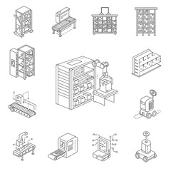 A comprehensive collection of isometric outline icons illustrating modern warehouse automation, smart logistics, and advanced industrial processes.