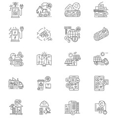 This extensive collection of line icons visually represents essential themes of environmental sustainability, renewable energy, and eco-friendly practices.