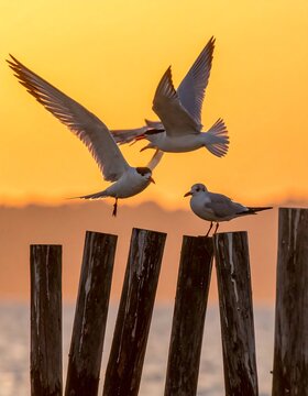 Birds soaring above wood pilings during a sunset