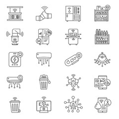 This collection features modern smart home and Internet of Things line icons, showcasing advanced technological devices for automated living and future connectivity.