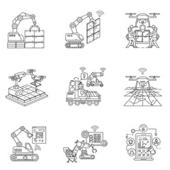 A sleek collection of line art icons illustrating advanced automation, robotics, and drone technology, driving innovation in smart industries and future urban development.