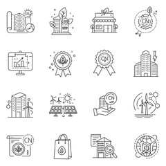 This versatile collection of modern line icons effectively illustrates sustainable architecture, renewable energy, eco-friendly certifications, and carbon neutrality.