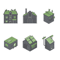 A collection of isometric illustrations showcasing various eco-friendly building designs, featuring green roofs and solar panels for sustainable urban development.