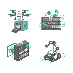Depicting smart retail and logistics automation, including drone scanning, IoT shelves, online integration, and autonomous robots.