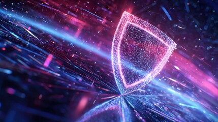 A glowing digital shield appears amidst vibrant light trails, symbolizing protection and security in a futuristic, tech-inspired setting.