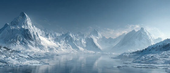 Serene frozen lake surrounded by snowy mountains under clear sky. tranquil scene evokes sense of peace and wonder