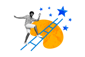 Composite photo collage of happy latin guy climb promotion ladder career development best employee office work isolated on painted background