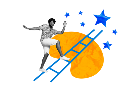 Composite photo collage of happy latin guy climb promotion ladder career development best employee office work isolated on painted background