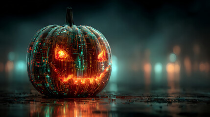 Digital Halloween. Creepy pumpkin smile in electronic circuit board. Halloween, cyber security and virus concept