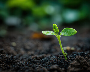 Young plant sprouting from soil with fresh green leaves, symbolizing growth and hope