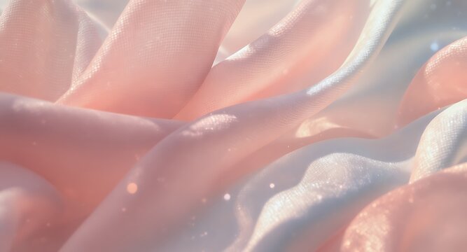 Close-up of soft pink and white satin fabric texture with flowing folds