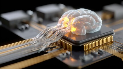 A digital representation of a brain interacting with a computer chip, symbolizing the fusion of artificial intelligence and neuroscience.