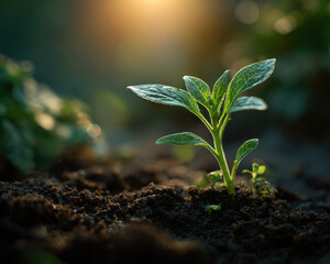 Young plant sprouting from soil in warm sunlight, symbolizing growth and hope