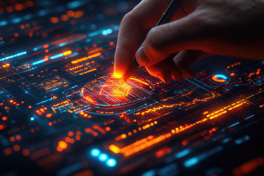 Businessman Sketching Financial Strategies on Holographic Interface in Real Time