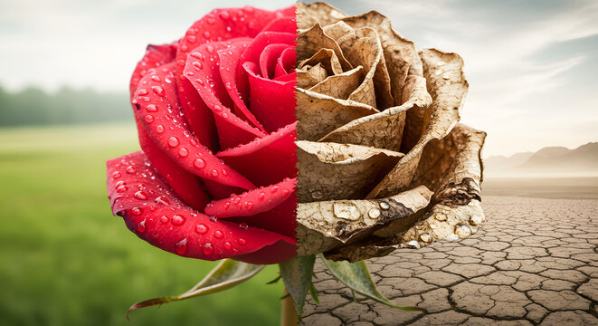 Half Red Half Withered Rose &ndash; Life and Death Contrast Concept