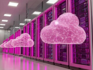 A high-tech server room features glowing pink cloud icons, symbolizing cloud computing and digital data management within a modern infrastructure.