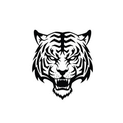 Black silhouette of a fierce tiger head with stripes Keywords: tiger, animal, wildlife, head