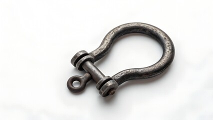 Weathered U Shaped Metal Shackle on White Background with Shadows and Detailed Textural Surface