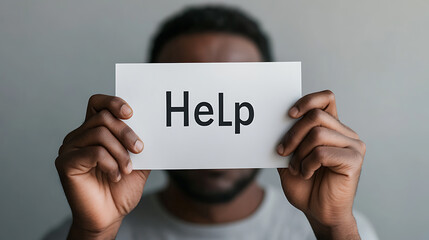 Individual holding a sign that reads "Help". A person in need seeks support, showcasing the universal need for assistance and the courage to ask for it.
