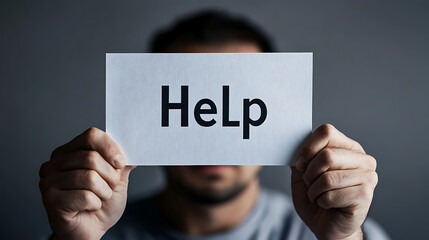 Distressed individual holding a sign that reads "Help", conveying a sense of urgency and a cry for assistance in a simple, direct manner.