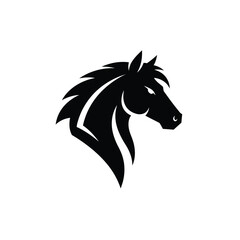 Black silhouette of a horse head with flowing mane on white