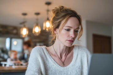 A focused woman works on her laptop at home, surrounded by a cozy, modern environment with warm lighting.