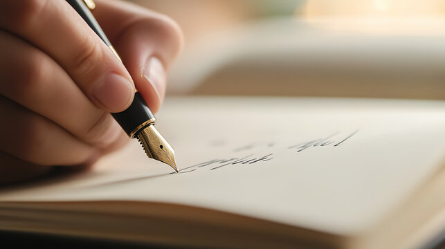 Writing in journal using fountain pen. Conceptual shot of someone writing on paper with a nib pen on an open notebook. Focused on the golden fountain pen tip.