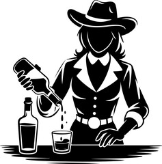 Cowgirl Pouring Drink into Glass - Silhouette Vector Illustration