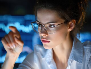 A focused woman in glasses analyzes data on a screen, exuding intensity and determination in a dimly lit environment.
