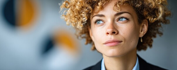 A thoughtful woman with curly hair gazes into the distance, exuding confidence and contemplation against a blurred background.