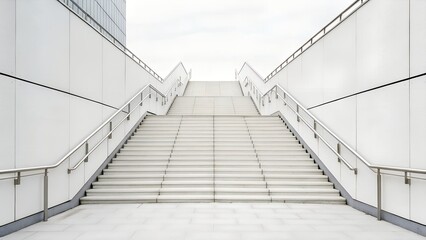 Symmetrical White Staircase Ascending Between Modern Walls With Metallic Handrails And Neutral Sky