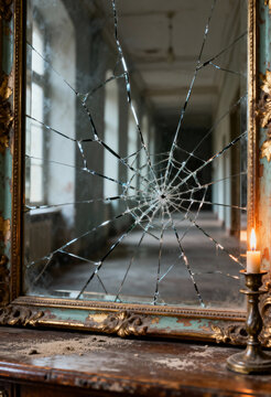 Cracked Antique Mirror Reflecting Corridor &ndash; Realistic Horror Concept with Detailed Glass Fractures