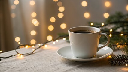 Obraz premium White Cup of Dark Coffee on Saucer with Christmas Lights and Evergreen Sprigs on White Table