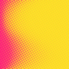 Pink halftone dots blend into a bright yellow background. Vector illustration with bold retro pop art comic style.