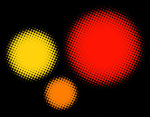 Red, yellow, and orange halftone circles on black background. Vector illustration with bold retro comic pop art style.