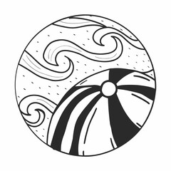 Circular illustration of a beach ball and stylized waves